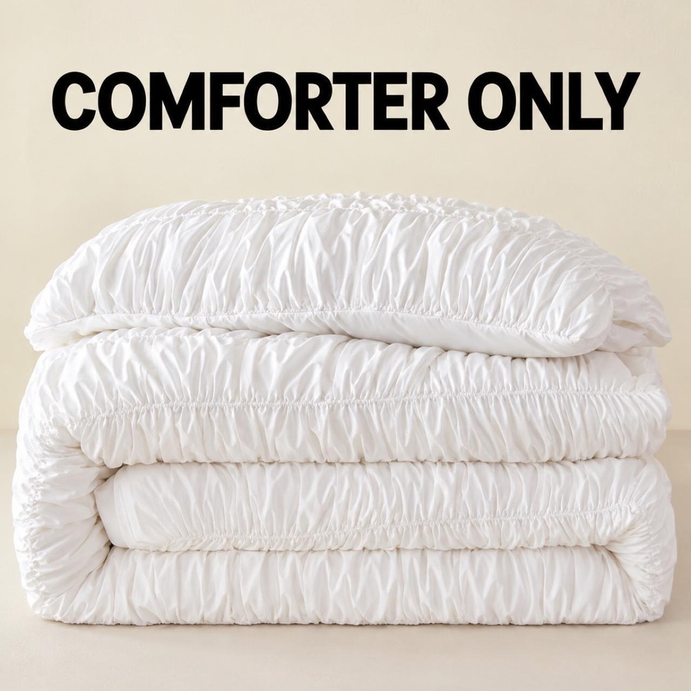 Queen White Ruched Ruffle Comforter Boho Farmhouse Bedding 90x90 Size Queen